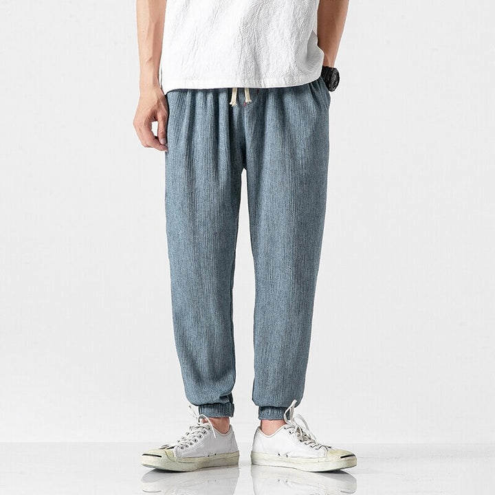 Men's Casual Linen Blend Jogging Pants with Drawstring, Ribbed Textured Fabric and Elastic Cuffs Mune Fashion