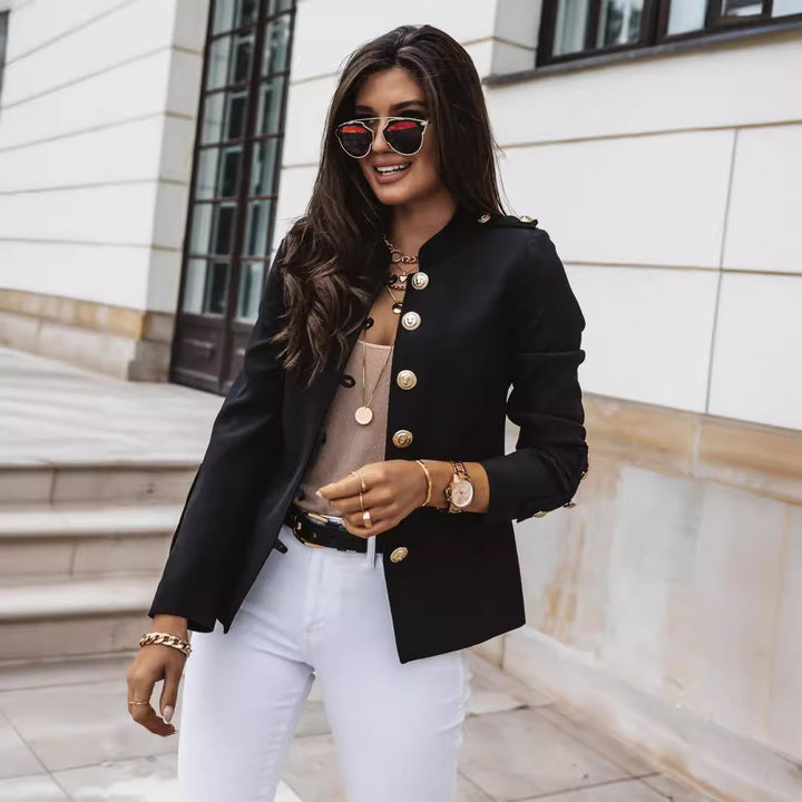 Women's military blazer with stand-up collar and decorative gold buttons Mune Fashion