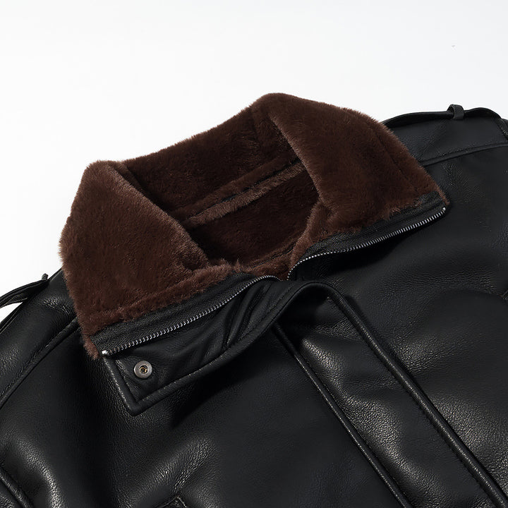 Women's Short Cut Bomber Jacket made of Faux Leather with Teddy Lining, Notched Collar and Rollable Cuffs Mune Fashion