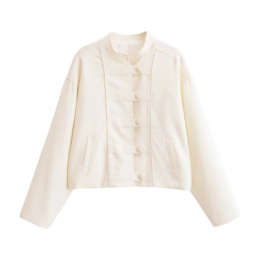 Women's short jacket in Chinese cut with stand-up collar and decorative knot buttons Mune Fashion