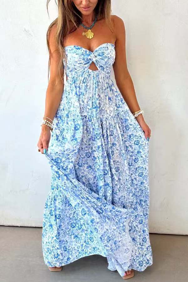Ladies' strapless twisted bustier maxi dress with cut-out and multi-layered tiered skirt in lightweight crinkle quality Mune Fashion