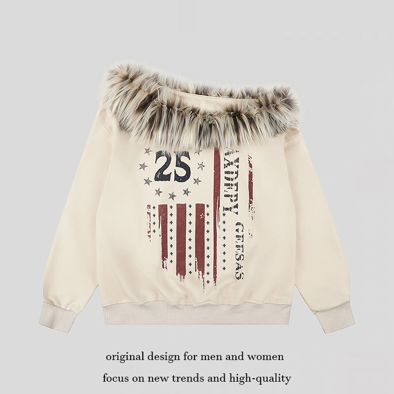 Women's hooded sweatshirt with removable faux fur collar and vintage print Mune Fashion