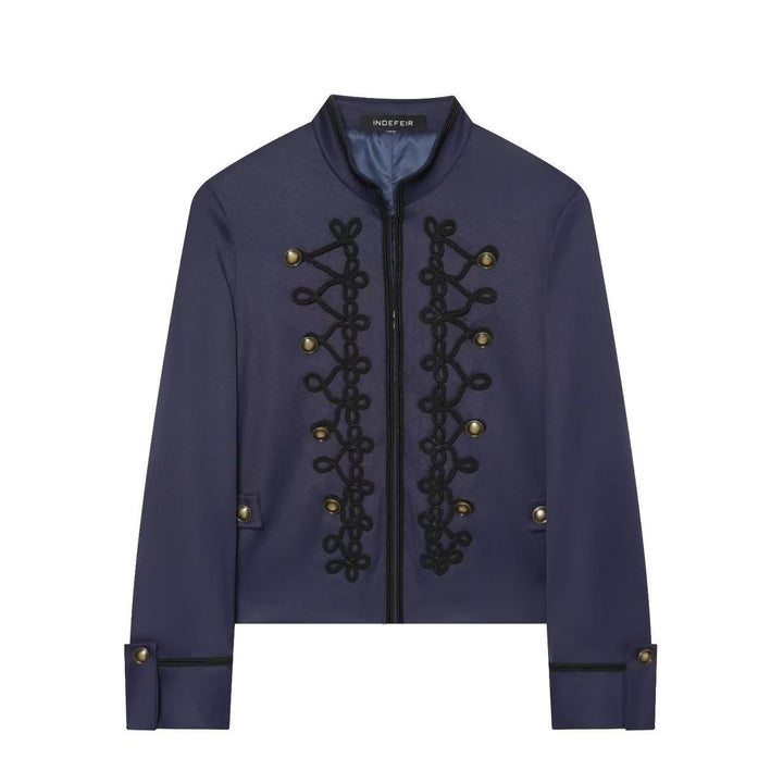 Women's Cropped Military Jacket with Standing Collar and Decorative Cord Application Mune Fashion