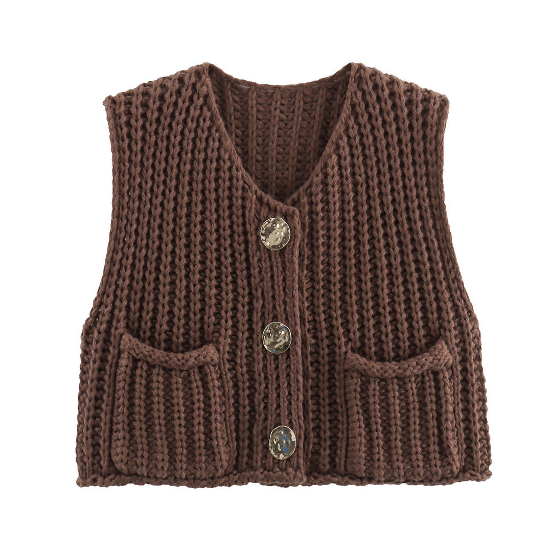 Women's Chunky Knit Cropped Vest with V-Neck and Gold Decorative Buttons Mune Fashion
