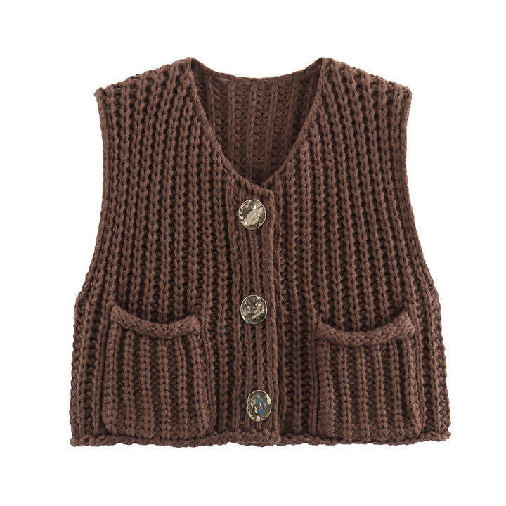 Women's Chunky Knit Cropped Vest with V-Neck and Gold Decorative Buttons Mune Fashion