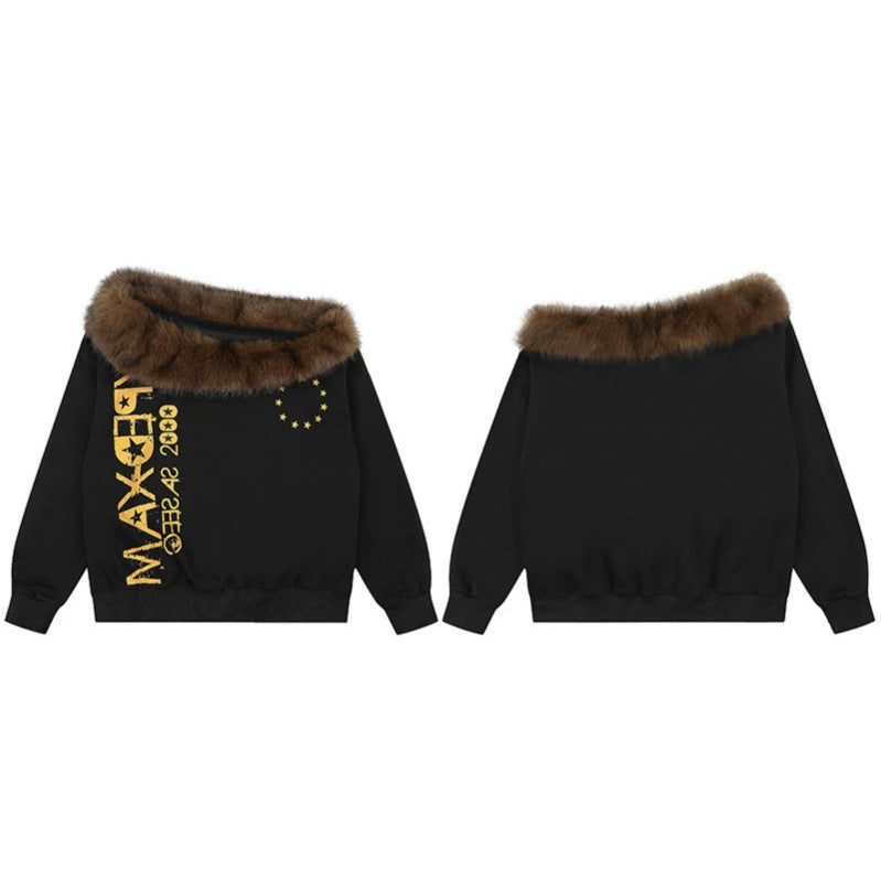 Women's oversized sweatshirt with faux fur collar, ribbed cuffs and statement print Mune Fashion