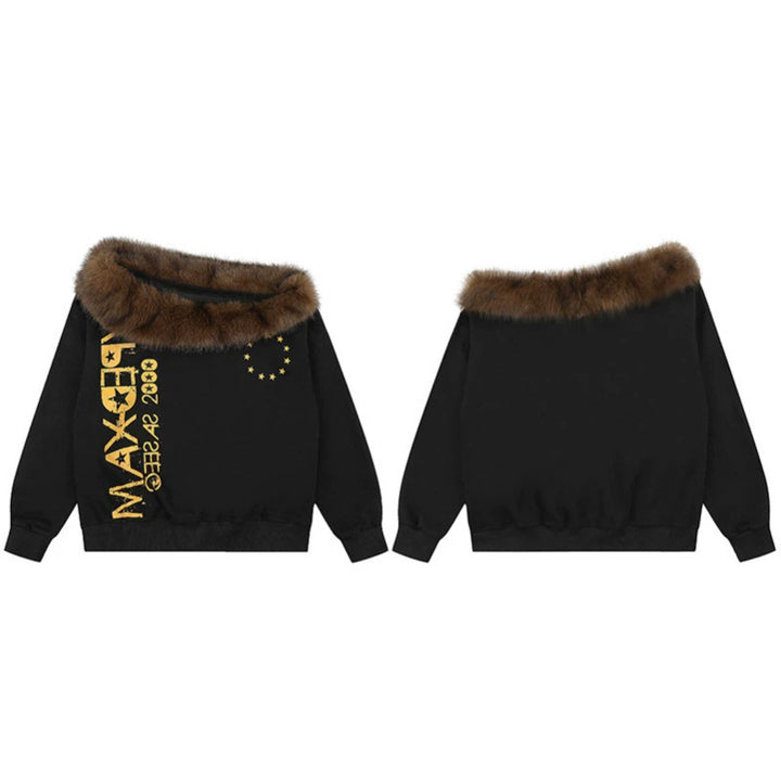 Women's oversized sweatshirt with faux fur collar, ribbed cuffs and statement print Mune Fashion