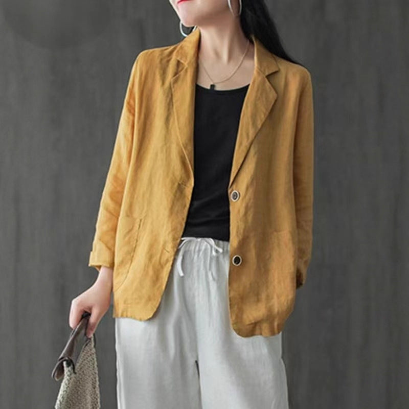 Women's linen blazer in a casual style with a loose fit and patch pockets