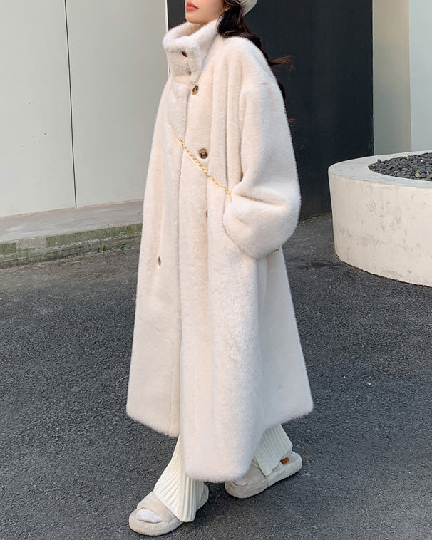 Mune | Collars Double Breasted Faux Mink Fur Long Coat