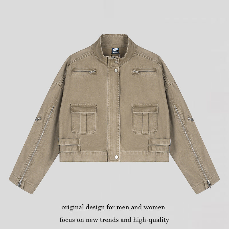 Women's Cropped Utility Jacket with Stand Collar, Multiple Pockets and Zip Sleeves Mune Fashion