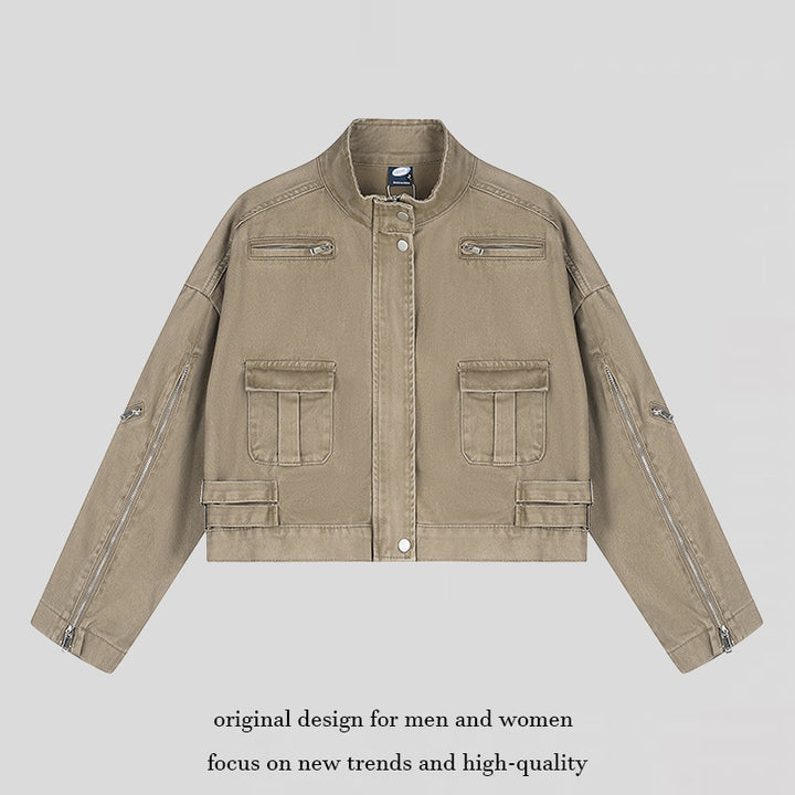 Women's Cropped Utility Jacket with Stand Collar, Multiple Pockets and Zip Sleeves Mune Fashion