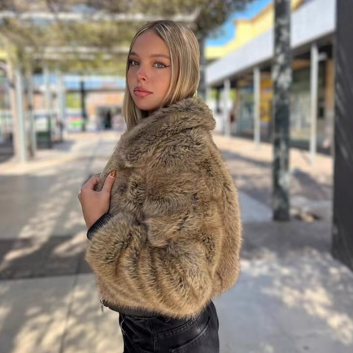 Women's Short Faux-Fur Bomber Jacket with Zip and Ribbed Hem Mune Fashion