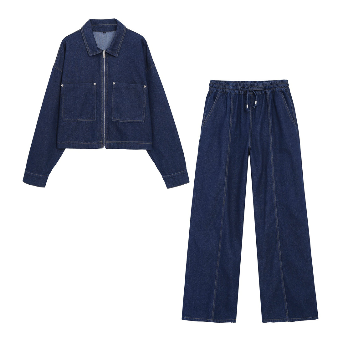 Women's Wide High-Waist Jeans Pants with Elastic Waistband, Drawstring and Visible Pressing Pleat