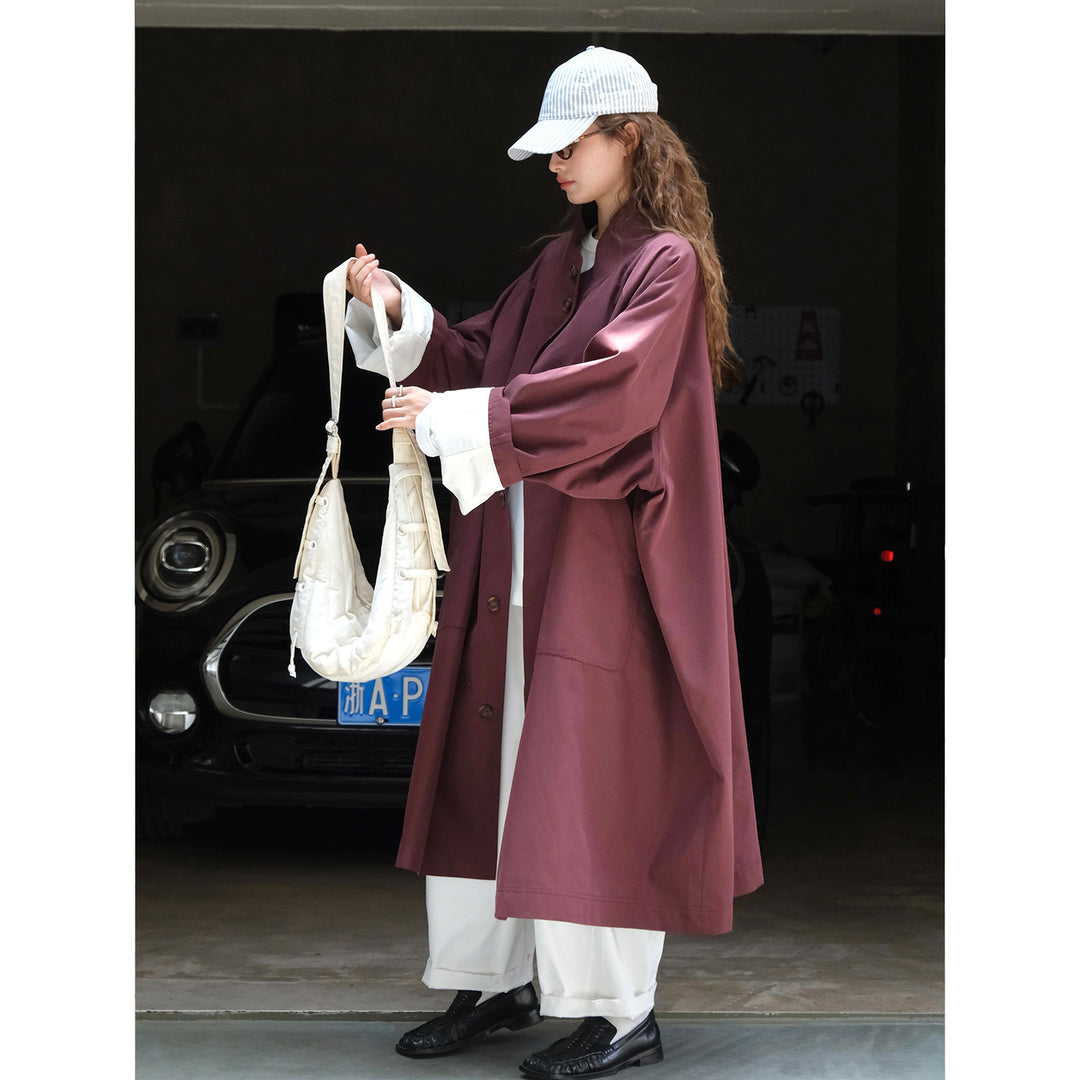 Women Oversized Trench Coat with Stand Collar and Extended Cut Mune Fashion