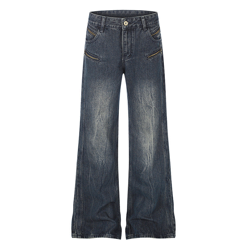 Women's Wide Denim Palazzo Jeans with High Waist and Decorative Zipper Pockets Mune Fashion