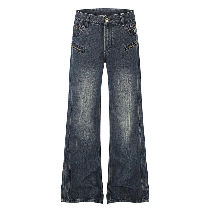 Women's Wide Denim Palazzo Jeans with High Waist and Decorative Zipper Pockets Mune Fashion