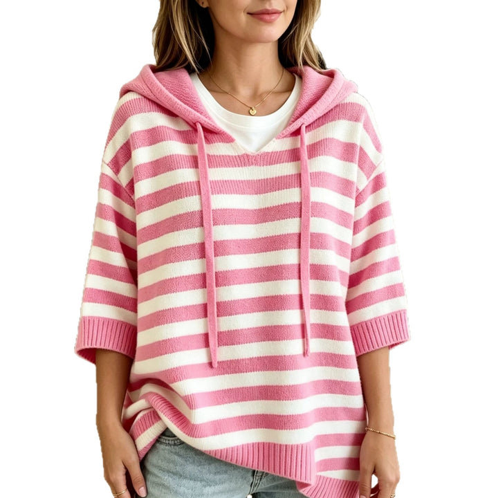 Women Casual Striped Hooded Poncho made of Soft Fine Knit with Half-Length Sleeves Mune Fashion