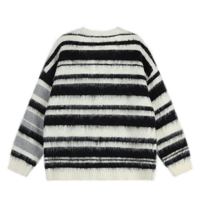 Women's oversized cardigan with V-neck, cozy mohair look and striped pattern Mune Fashion