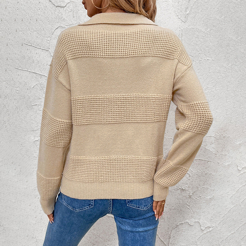 Women's knit sweater with polo collar, structured stripes and relaxed fit Mune Fashion