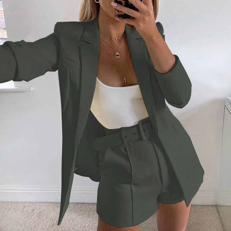 Women's Tailored Longline Blazer with High-Waisted Belt Shorts Set Mune Fashion
