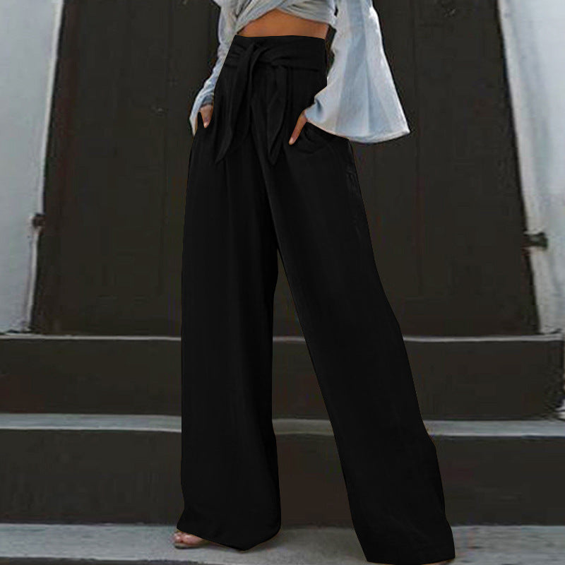 Ladies wide High-Waist linen pants with tie belt and inset pockets Mune Fashion