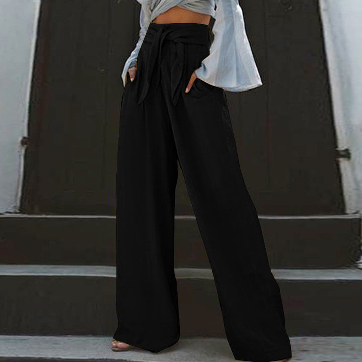 Ladies wide High-Waist linen pants with tie belt and inset pockets Mune Fashion