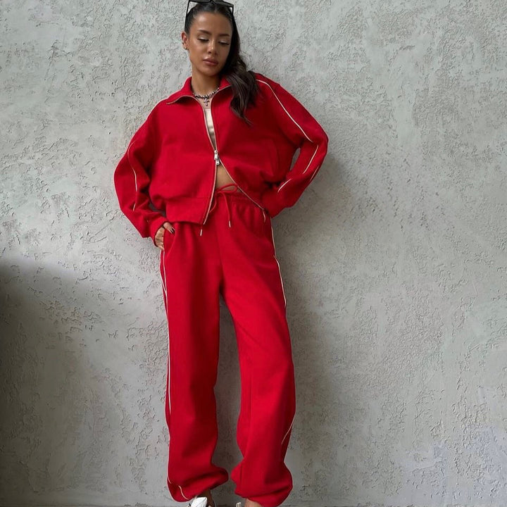 Women's casual sweatset with stand-up collar zip cropped jacket and high-waisted flared pants Mune Fashion