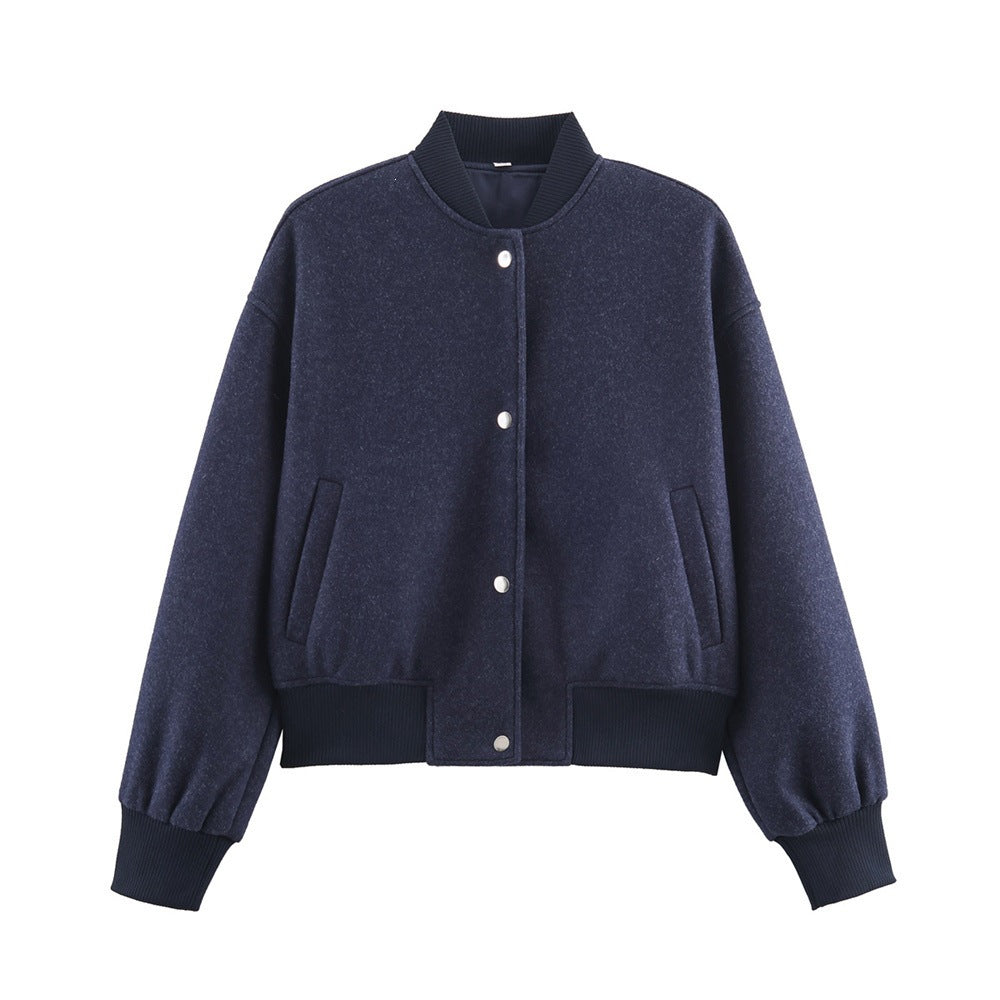 Ladies short boxy bomber jacket with ribbed collar, snap button closure, and pockets Mune Fashion