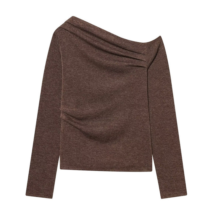 Women Asymmetric Fine Knit Top with Waterfall Collar and Side Gathering Mune Fashion