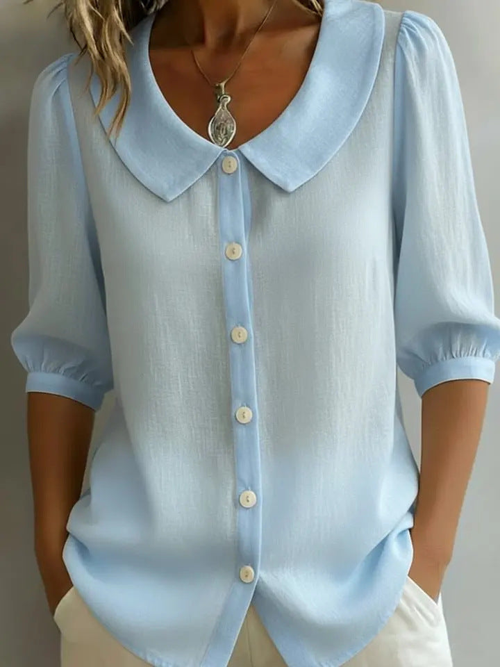 Ladies Elegant Blouse with Large Collar and Button Placket Mune Fashion