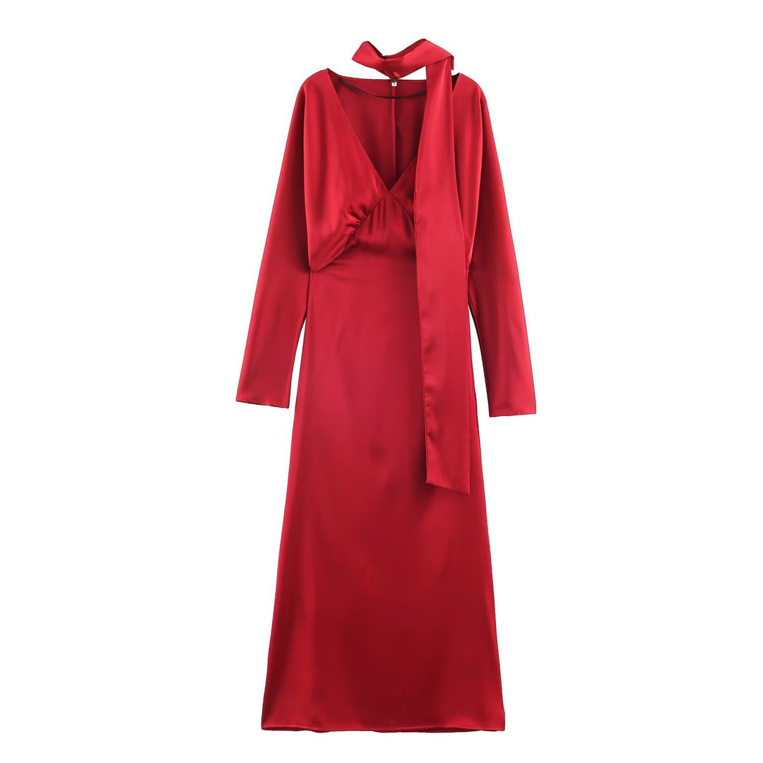 Women’s midi dress made of satin with deep V-neck, long sleeves, and shawl collar Mune Fashion