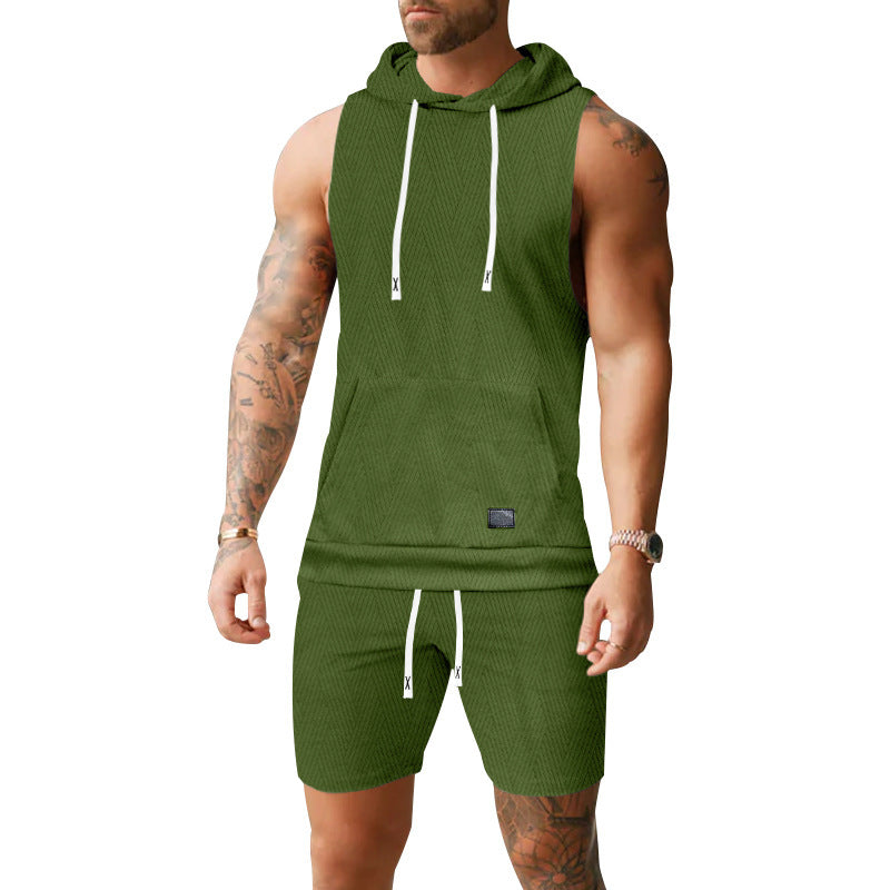 Men's sleeveless hoodie vest set made of textured cotton blend with kangaroo pocket and drawstring shorts Mune Fashion
