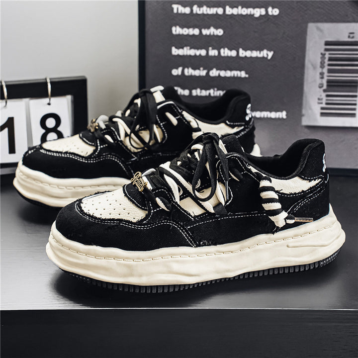 Women's denim platform sneaker with contrast stitching, padded wave sole and embellished lacing details Mune Fashion