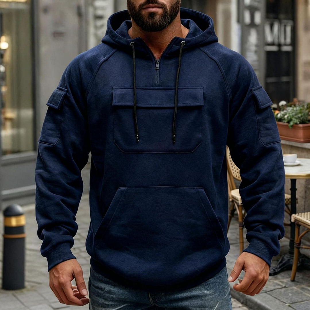 Men's functional hoodie with half front zipper, applied front pocket with flap and kangaroo pocket Mune Fashion