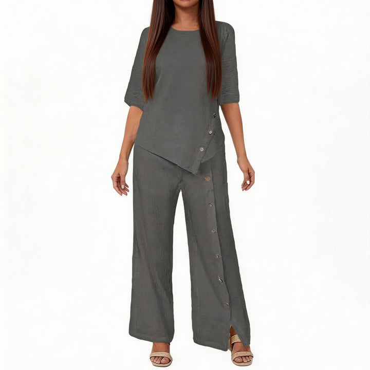 Women's asymmetric two-piece lounge set with 3/4 sleeves and side button decoration Mune Fashion