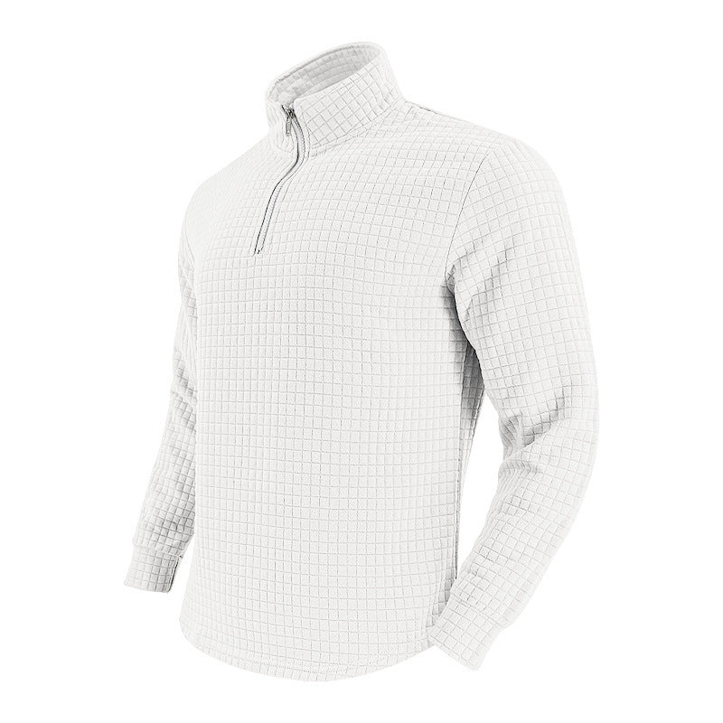 Men's Quilted Quarter-Zip Pullover with Check Pattern and Stand Collar Mune Fashion