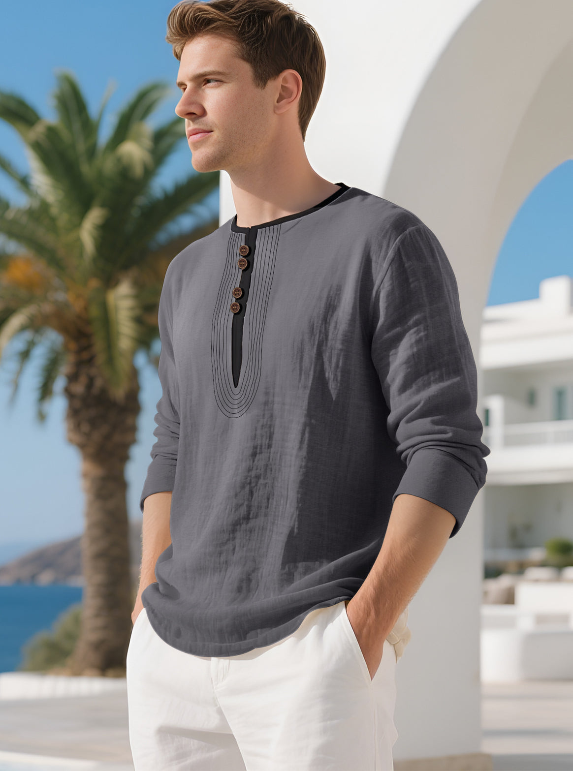 Men's Casual Linen Blend Long Sleeve Shirt with Decorative Button Placket and Decorative Stitching Mune Fashion