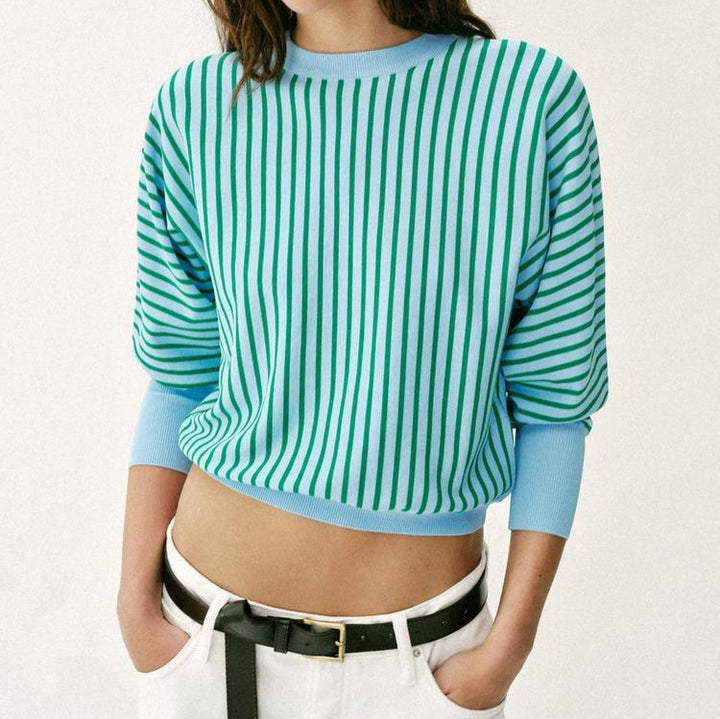 Women's Short-Cut Striped Fine Knit Sweater with Extended Ribbed Sleeves Mune Fashion