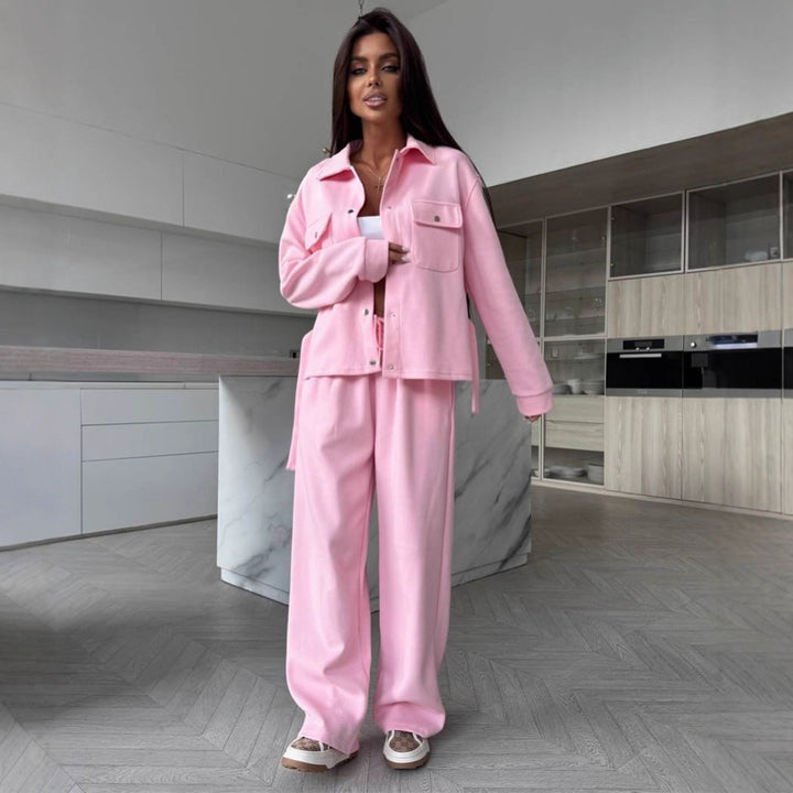 Women Two-Piece Loungewear Set with Fitted Blouson, Tied Belt and Wide Palazzo Pants Mune Fashion