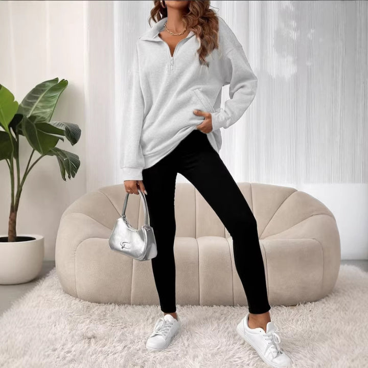 Women's Oversized Sweatshirt with Half Zipper, Kangaroo Pocket, and Stand Collar Drune