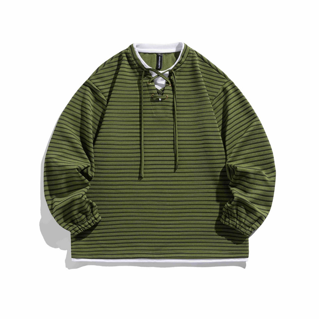 Unisex Striped Waffle Knit Pullover with Lace-up Closure and Raglan Sleeves Mune Fashion