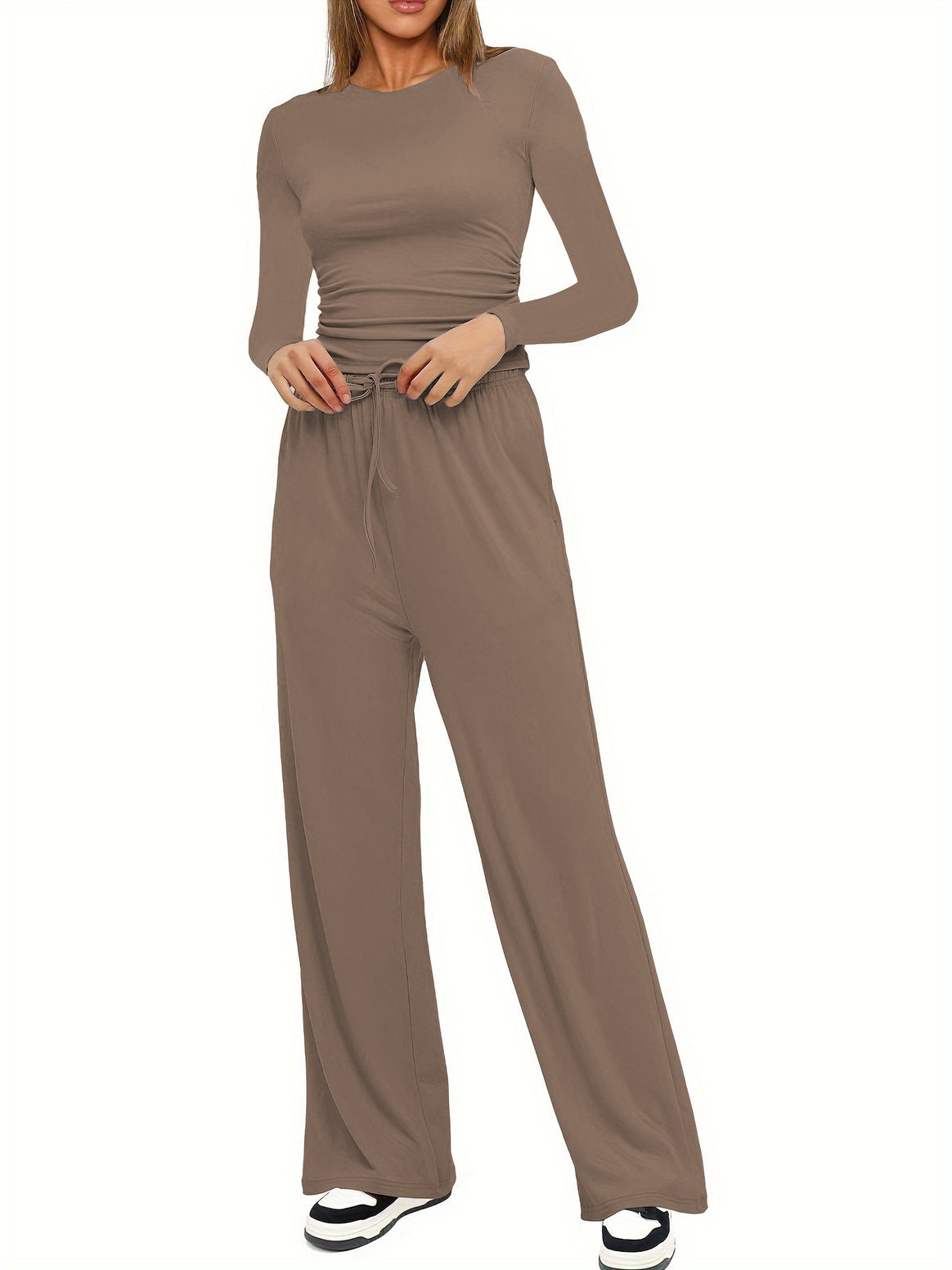 Women's Figure-Hugging Long Sleeve with Side Gathering and High-Waist Palazzo Jogging Pants Set Mune Fashion
