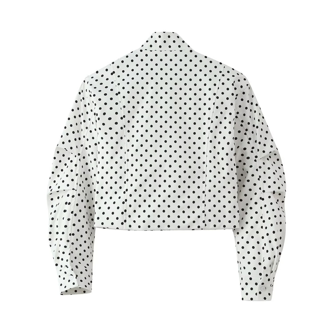 Women's Cropped Blouson Jacket in Retro Dot Print with Stand-Up Collar and Shaping Panel Seams Mune Fashion