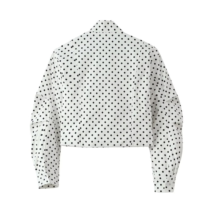 Women's Cropped Blouson Jacket in Retro Dot Print with Stand-Up Collar and Shaping Panel Seams Mune Fashion