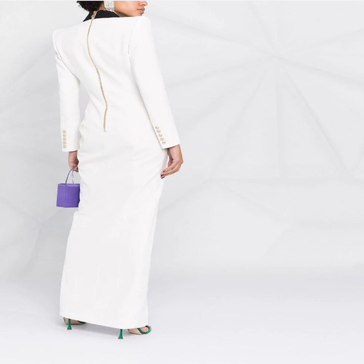 Women's Evening Blazer Dress Maxi with Contrast Lapels and Slit Mune Fashion