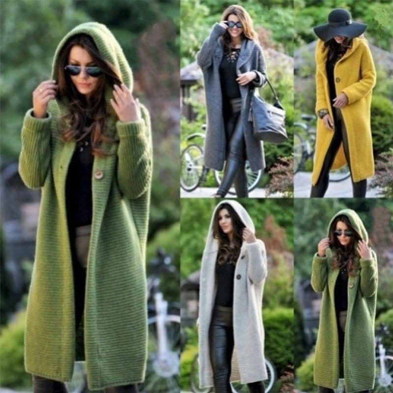 Women's Hooded Knit Coat with Oversized Cut and Button Placket Mune Fashion