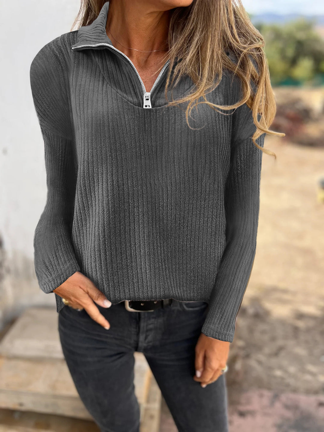 Women Ribbed Knit Sweater with Half Zip and Stand-Up Collar Mune Fashion