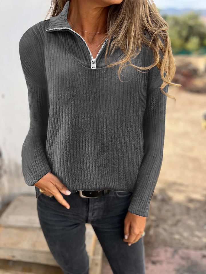 Women Ribbed Knit Sweater with Half Zip and Stand-Up Collar Mune Fashion