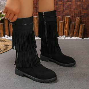Women Mid-Calf Fringe Boots made of Suede Synthetic with multi-layered fringes and profiled rubber sole Mune Fashion