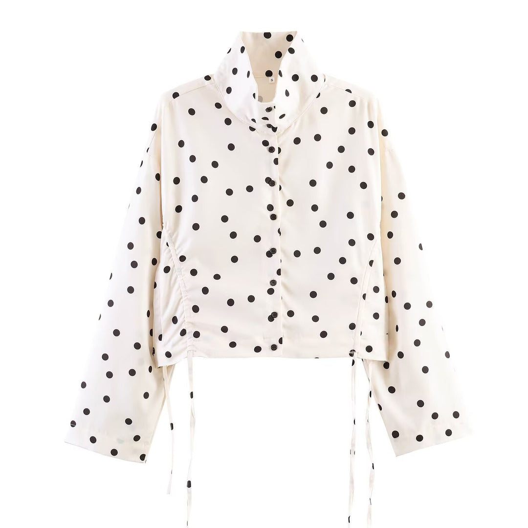 Ladies short cut dotted rain jacket with stand-up collar, snap button placket and drawstring Mune Fashion